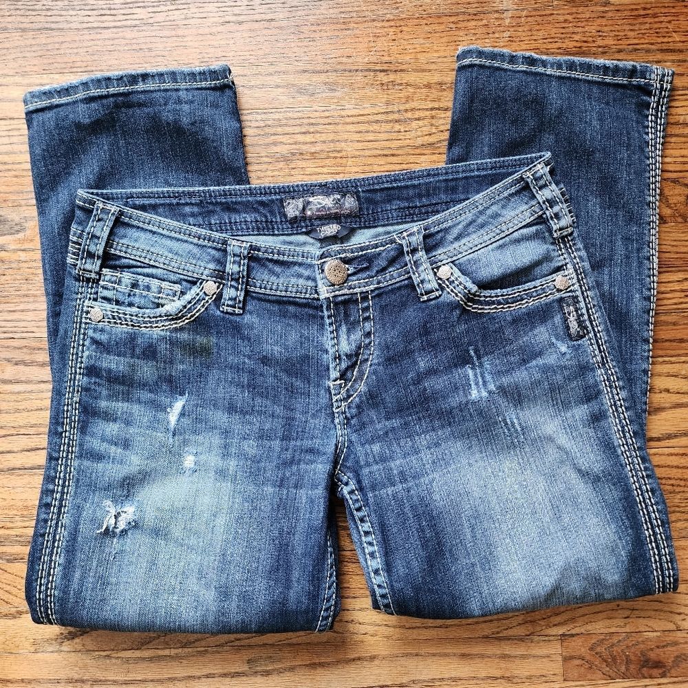 Silver Jeans Co Womens W29 Twisted Capri Medium Wash Distressed Denim Crop Jeans